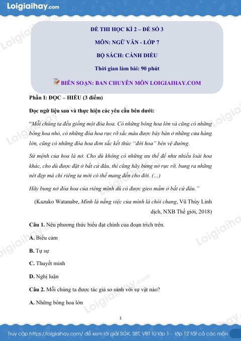 Đề thi học kì 2 Văn 7 Cánh diều - Đề số 3